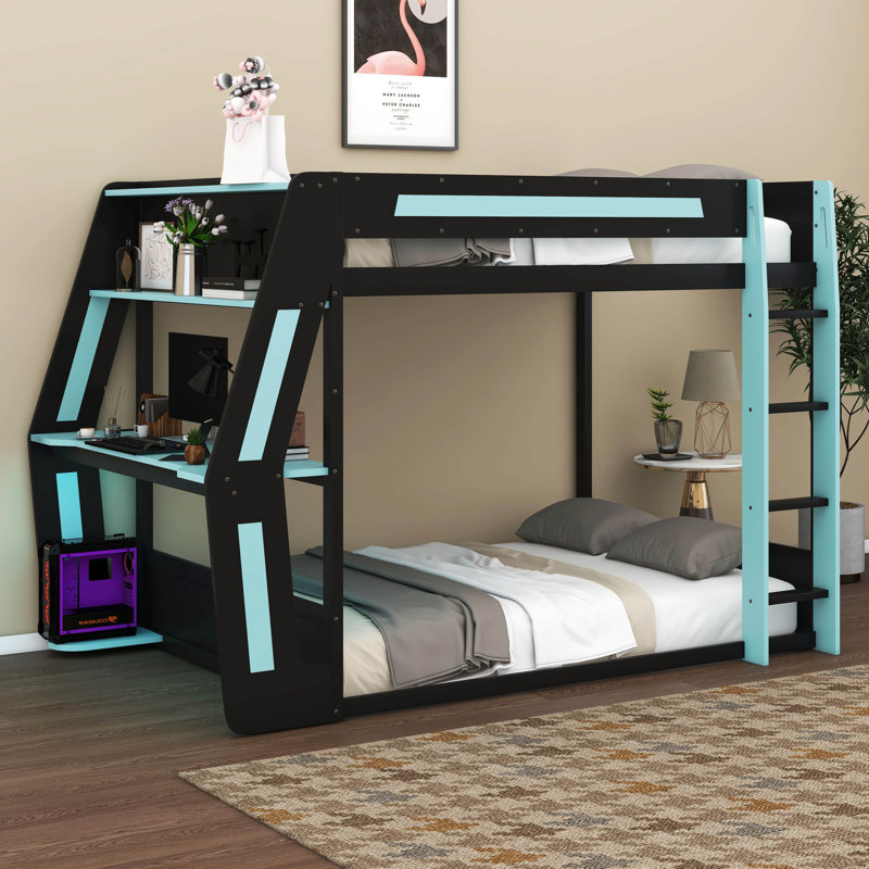 Lit superposé double avec bureau RVB surdimensionné monté sur le côté, lit superposé en bois avec ports de charge, cadre de jeu pour les adolescents