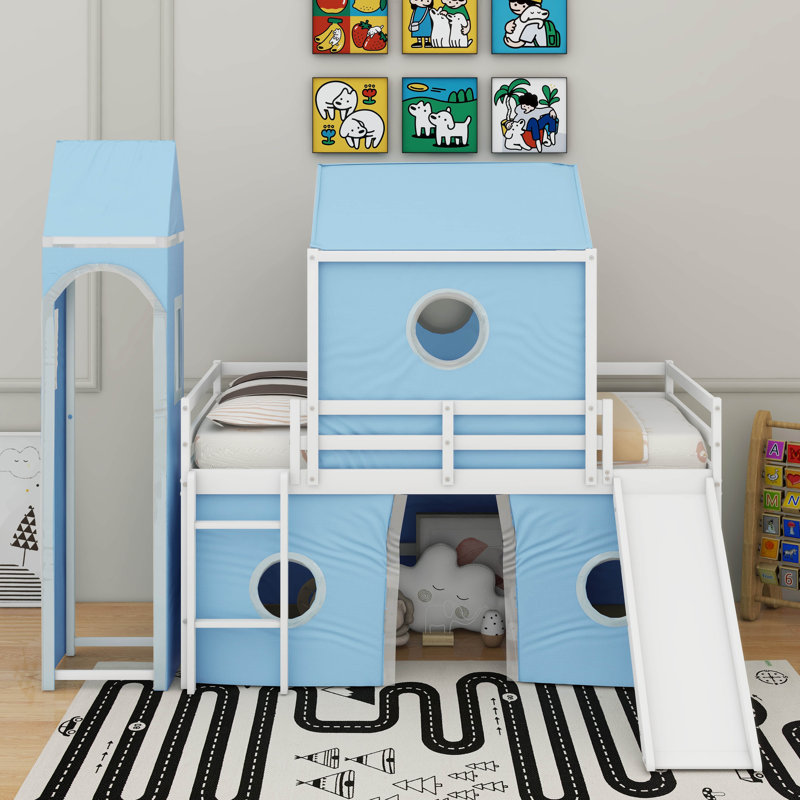 Lit mezzanine simple avec tente et tour coulissante, Bleu