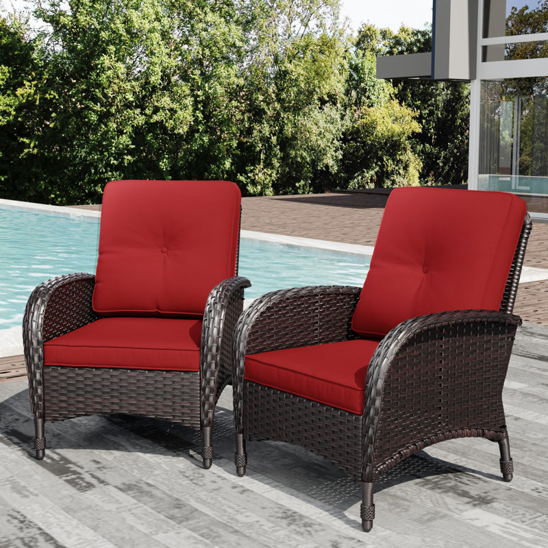 Chaises de patio d'extérieur en osier toutes saisons avec coussins rouges de 4 po (ensemble de 2), Rouge, 1