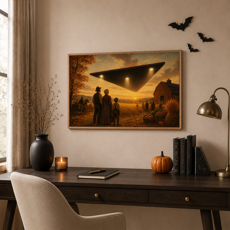 Les agriculteurs observent un OVNI triangulaire au-dessus d'une grange à l'occasion de l'Halloween (tableau sur toile)