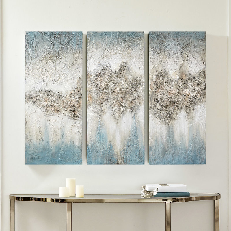 Art sur toile bleu et gris, 3 avec embellissement lourd, l 15 po x H 35 po, décoration murale suspendue à l'intérieur, abstrait 3 paillettes, roche naturelle, 15 po x 35 po, présentoir