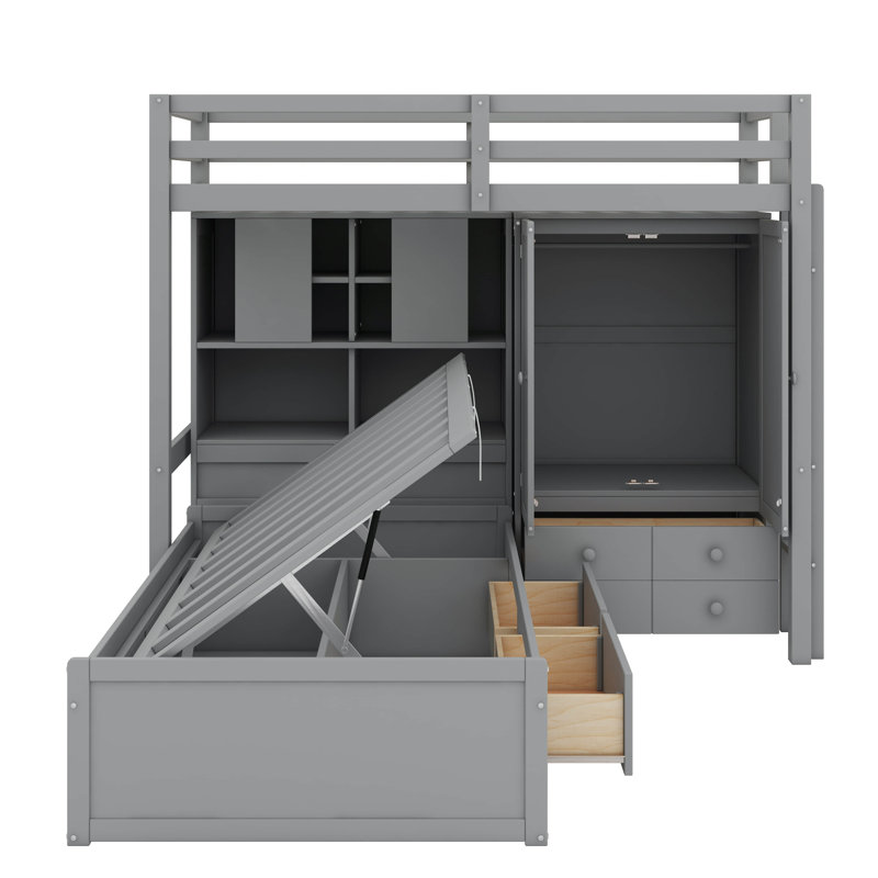 Lit superposé simple avec tiroirs, garde-robe, tablettes de rangement et hydraulique, gris