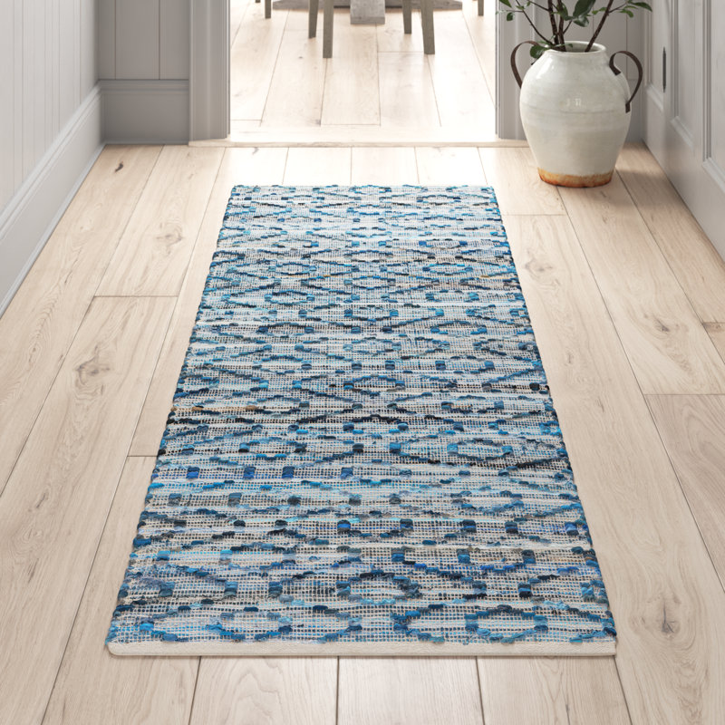 Denyer Geometric Handmade Flatweave Recycled P.E.T. Area Rug in Blue/Gray, Runner 2'6" x 8'