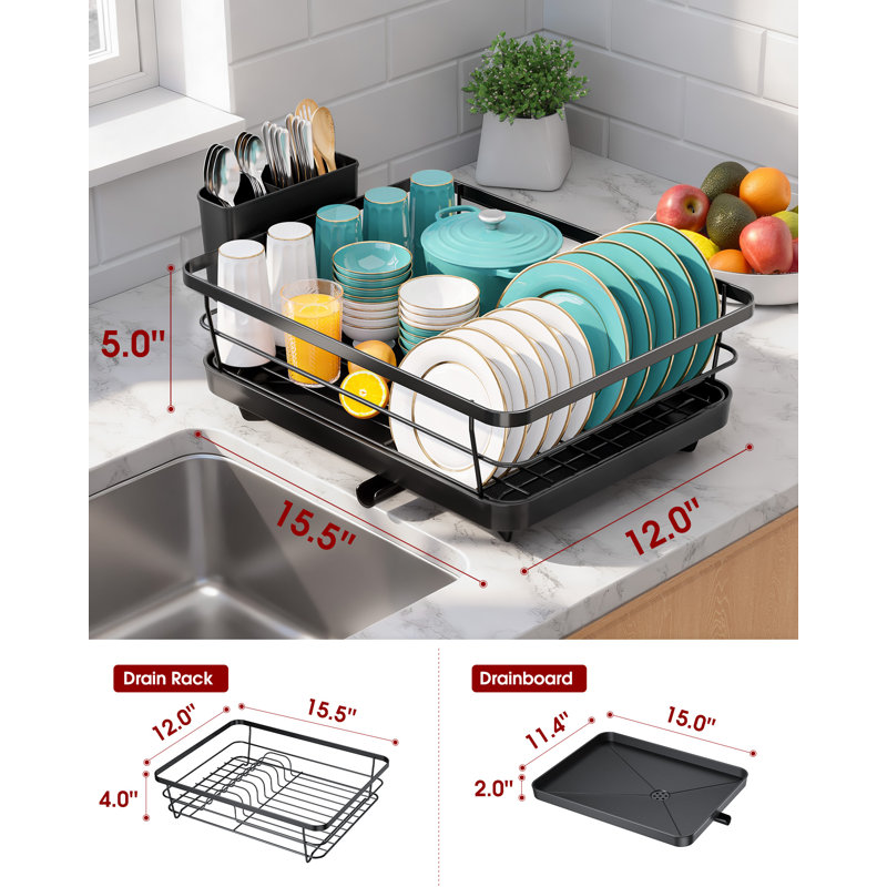 Stainless Steel Dish Drying Rack for Kitchen Counter, Sink Organization and Storage Essentials with Silverware & Utensil Holder, Home and Apartment Decor, 12''W x 15.5''L, Black