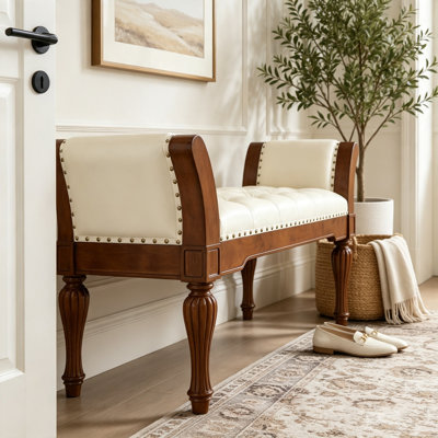 Banc de repose-pieds 54 po en similicuir capitonné à boutons, banc de bout rembourré rétro avec coussin moelleux, structure en bois massif