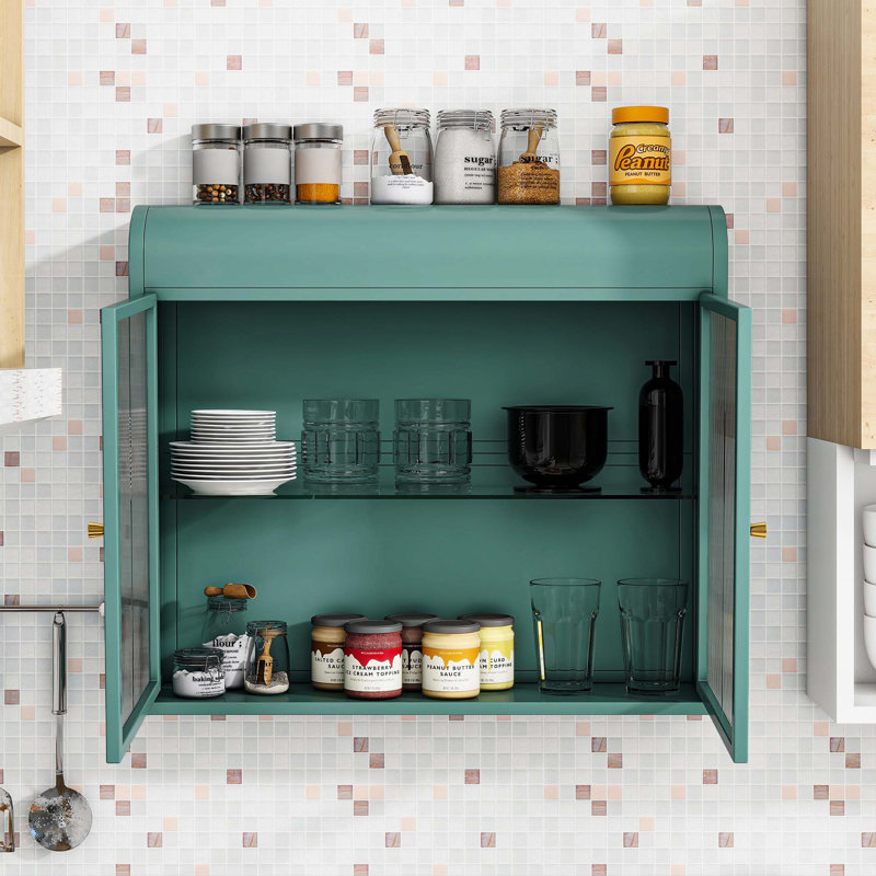 Armoire de rangement murale en métal 2 portes avec portes et tablettes en verre trempé, Vert d’armée