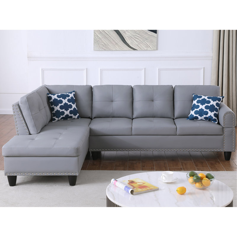 Canapé modulaire en L en similicuir 3 pièces gris pour des séances de cinéma et de jeu agréables, siège central escamotable avec porte-gobelets, deux coussins assortis avec rangement, coussins rembourrés de mousse à structure solide