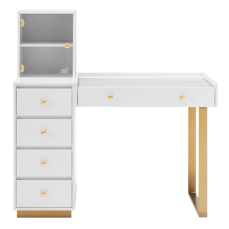 Hello Kitty SlayStation Duet Vanity Desk with Two Levels of Interior Shelves, Makeup Vanity Table with Glass Top, Gold