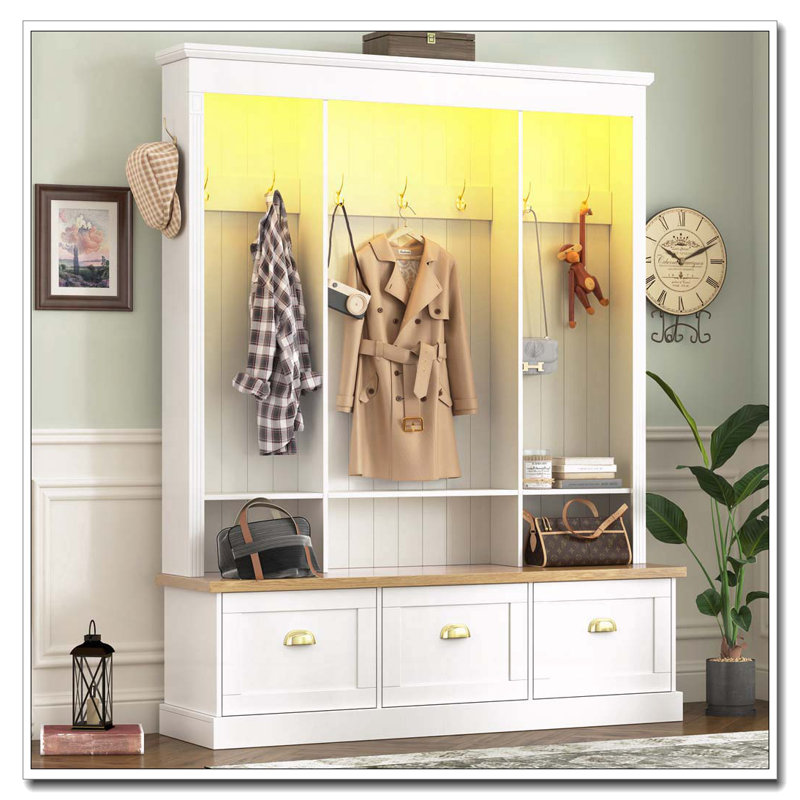 Elegant APP Controlled LED Light Hall Tree with 9 Hooks, Roman Column Design Natural Storage Bench with 3 Large Cabinets