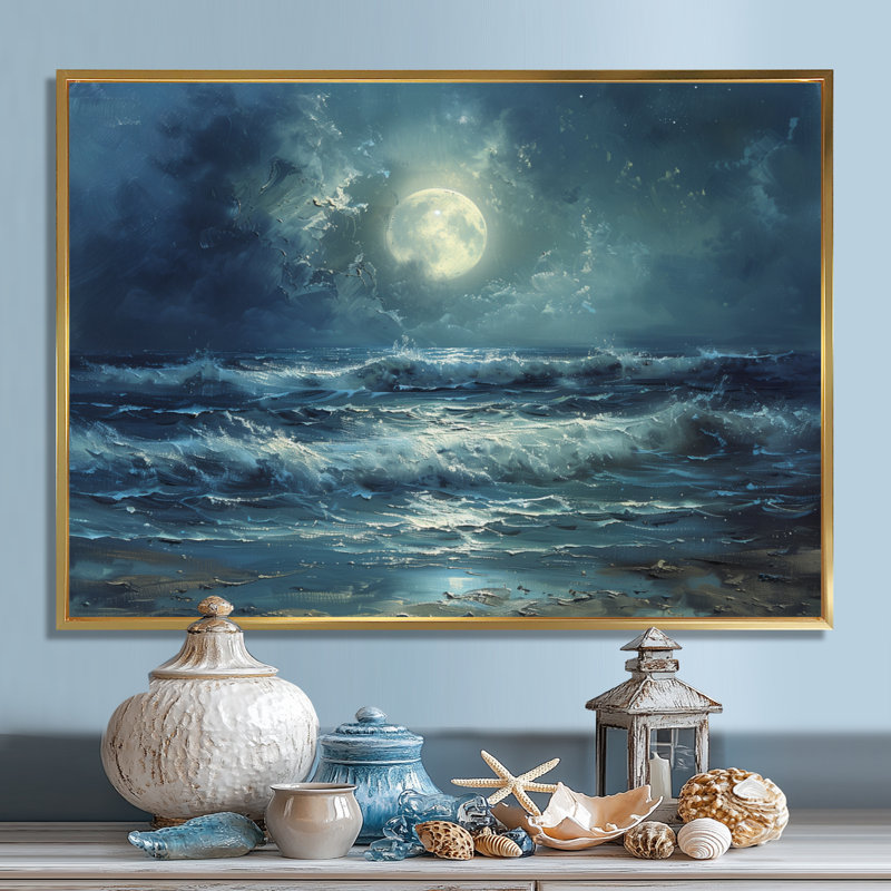 Décoration murale blanc bleu et réaliste au clair de lune hivernal - Vagues côtières, H 12 po x l 20 po, Cadre flottant doré