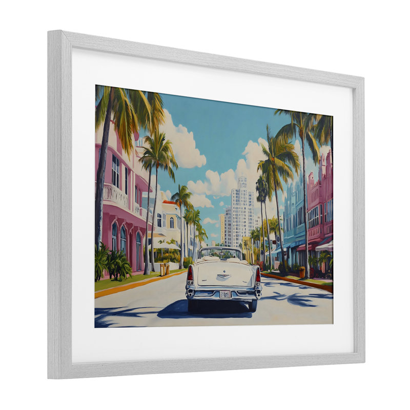 Classic Car in Tropical Town, reproduction encadrée sous verre, design par Franklyn Gregory, Cadre de ferme gris