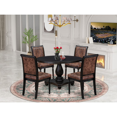 5-Piece Table Set Consists of a Round Dining Table and 4 Dark Gray Polyester Chairs with High Back, Sand Blasting Black Finish.