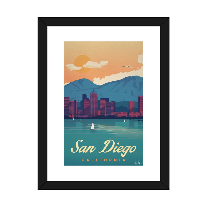 San Diego - impression d'art graphique, H 32 po x l 24 po x P 1 po, Papier encadré noir, Blanc