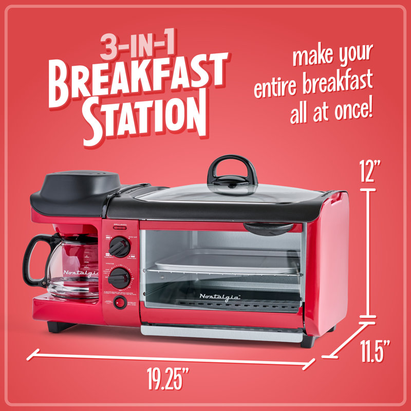 Nostalgia Retro 3-in-1 Family Size Electric Breakfast Station, Coffeemaker, Griddle, Toaster Oven, Aqua, Retro Red