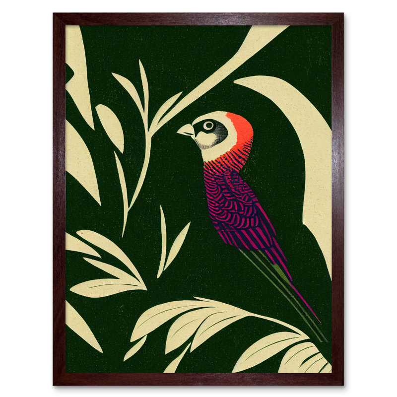 Parakeet Tropical Plant Vintage Linocut Pattern - Print, 43cm H x 33cm W x 2cm D, Brown Framed Paper