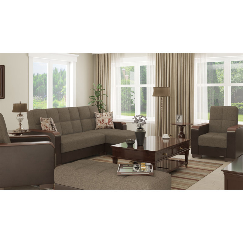 Repose-pieds rembourré en bois avec rangement Primenest Collection Zenaero, Chenille brun