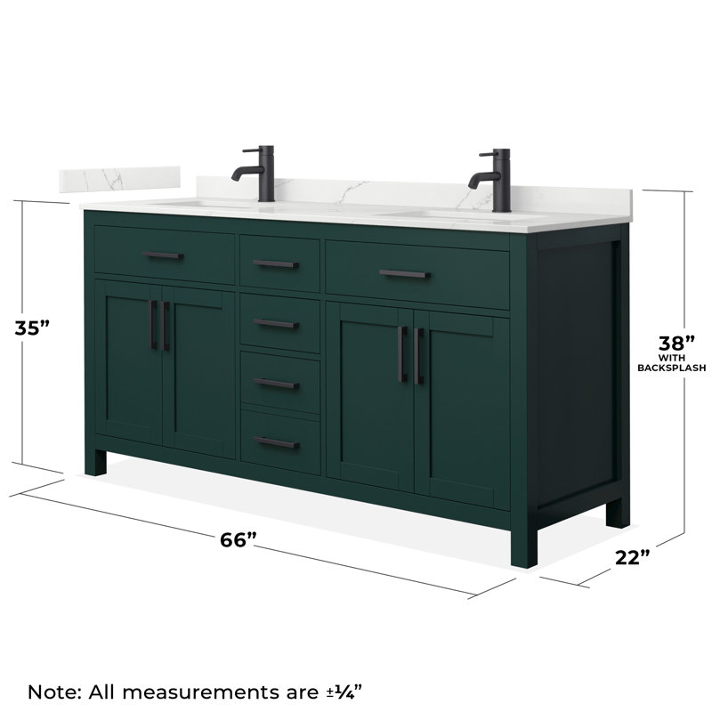 Beckett 66" Freestanding Double Bathroom Vanity with Quartz Top, Green, Matte Black, Giotto Quartz