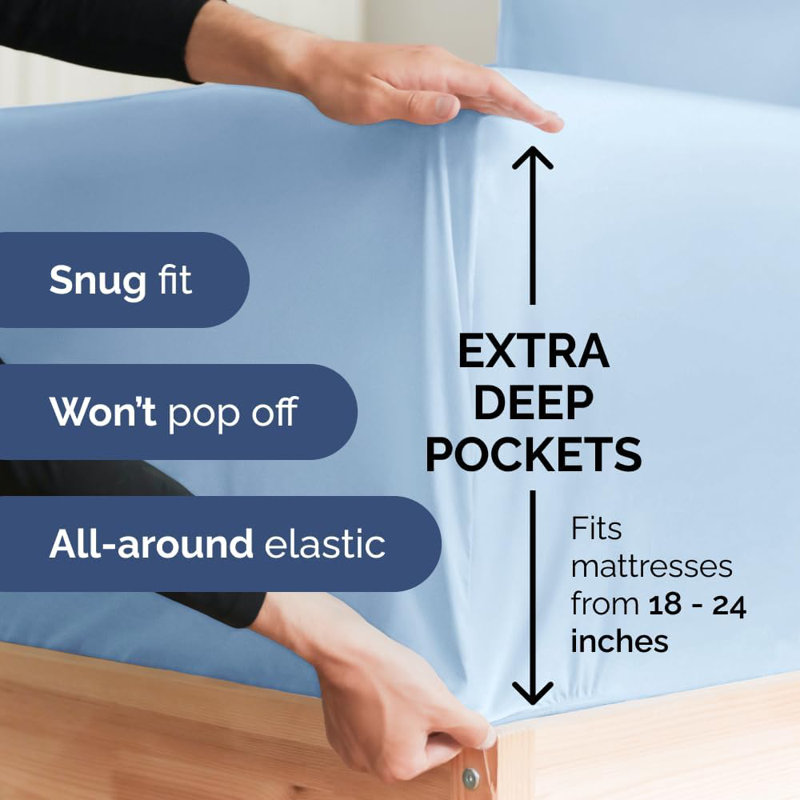 Extra Deep Pocket Sheet Set, Cooling & Breathable Bed Sheets, Soft Hotel Luxury Bedding, Fits 18–24 Inch Mattress, Light Blue