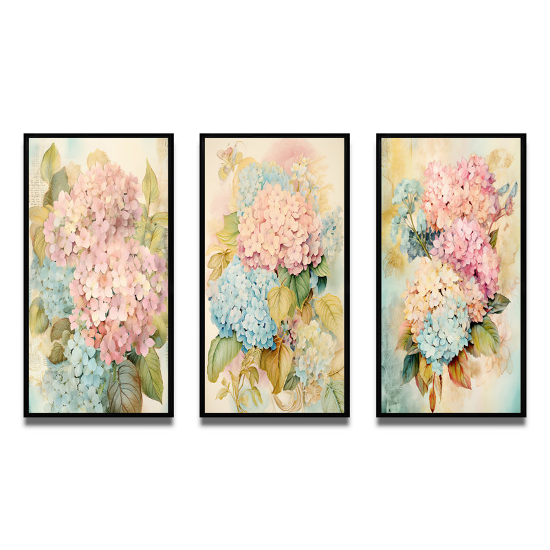«Retro Hydrangea Bouquet» en bleu et rose - ensemble de 3 impressions, Cadre flottant noir, H 32 po x l 48 po