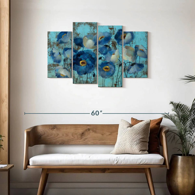 Aquamarine Floral On Blue, H 27 po x l 43 po