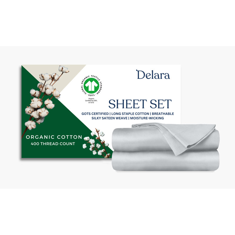 Delara GOTS Certified 100% Organic Cotton Sateen Sheet Set, 400TC Long Staple, Soft & Breathable with Deep Pocket, Light Gray