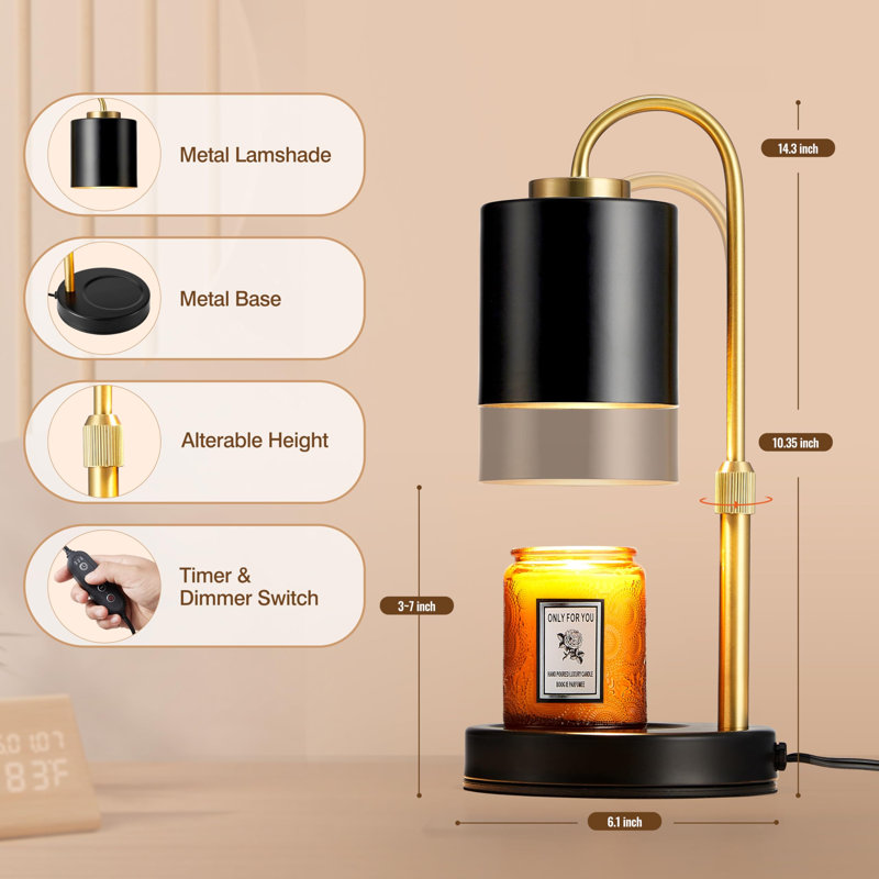 Lampe chauffe-bougie avec minuterie et variateur, chauffe-cire électrique réglable en hauteur, noir et or, Black Gold