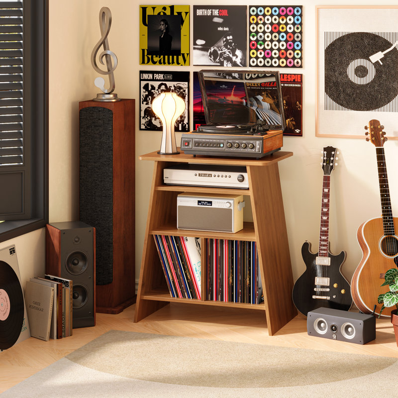 Support pour tourne-disque avec lumière à DEL, support pour table tournante en bois, brun