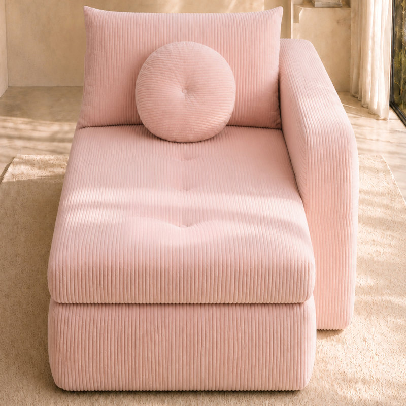Chaise longue convertible sans os avec larges accoudoirs et coussins décoratifs, Pink Corduroy, Pink