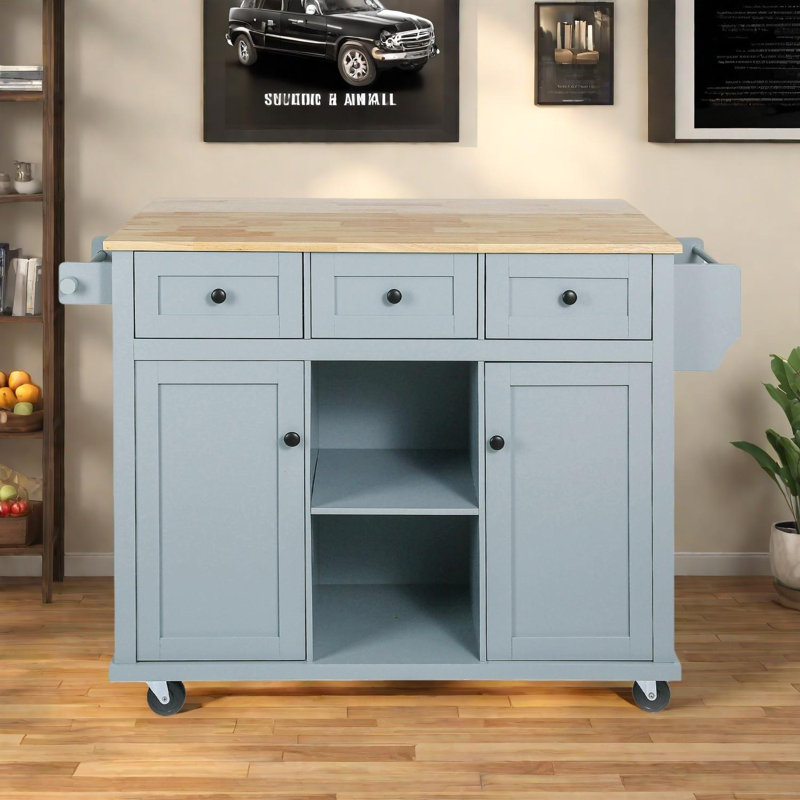 Chariot de cuisine avec comptoir rabattable et supports de rangement internes, Bleu gris