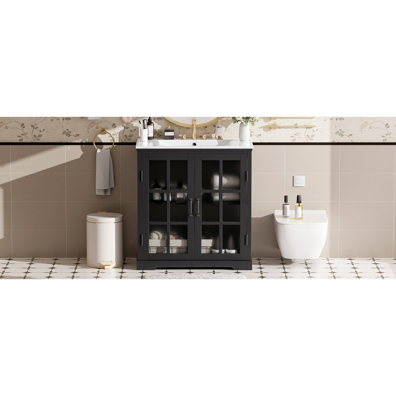 Meuble-lavabo moderne de 30 po avec lavabo en céramique, meuble-lavabo avec verre trempé et poignées noir mat, grand espace de rangement et structure en bois d'hévéa