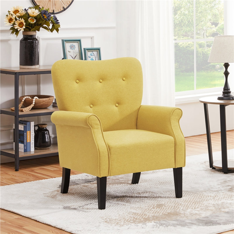 Canapé simple rembourré capitonné avec accoudoirs et pieds en bois 29 po Azani, Mélange de polyester jaune