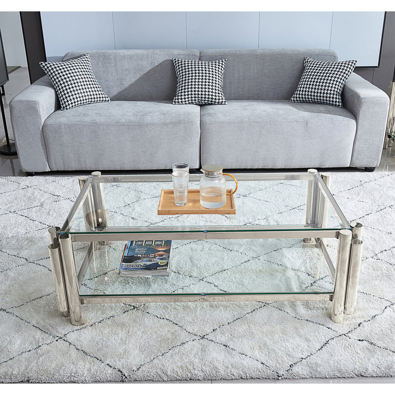Table basse rectangulaire moderne en acier inoxydable, table basse en verre trempé transparent double couche, table centrale avec rangement, pour le bureau à domicile