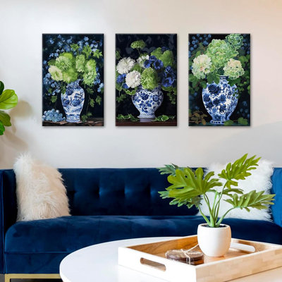 Chinoiserie Decor - Chinese Oriental Blue White Porcelain Vase Floral Painting Watercolor Hydrangea Wall Art Modern Flower Pictures For Bathroom Bedroom Decor, Framed 16" X 24" X 3 Pieces