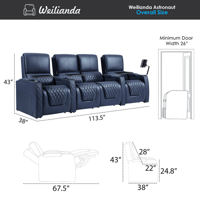 Canapé inclinable électrique Haiylee, Cuir véritable bleu