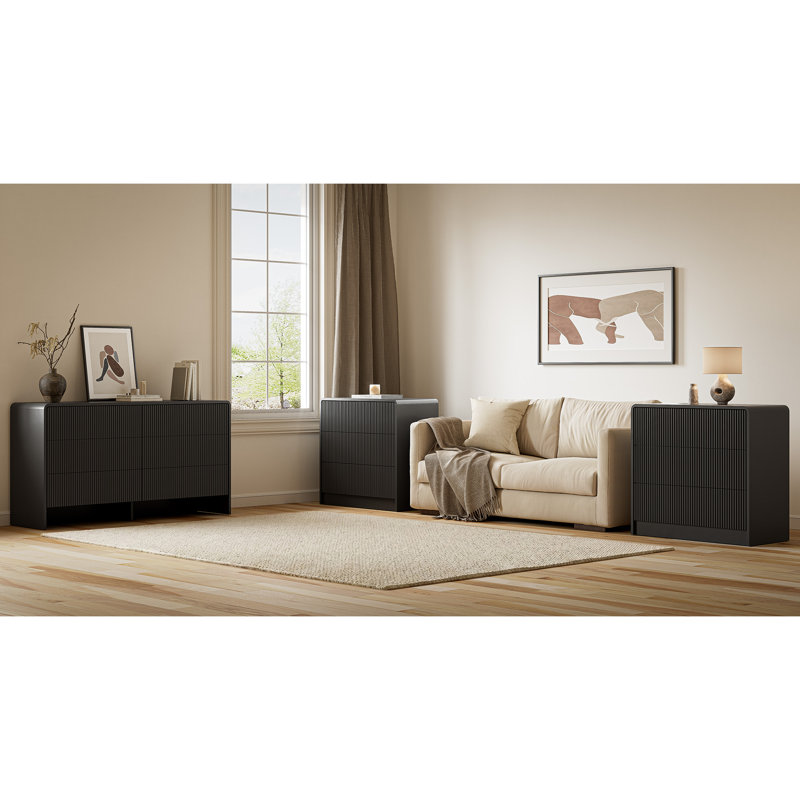 Ensemble de chambre à coucher 3 pièces, commode à 6 tiroirs et table de chevet à 3 tiroirs (lot de 2), Noir