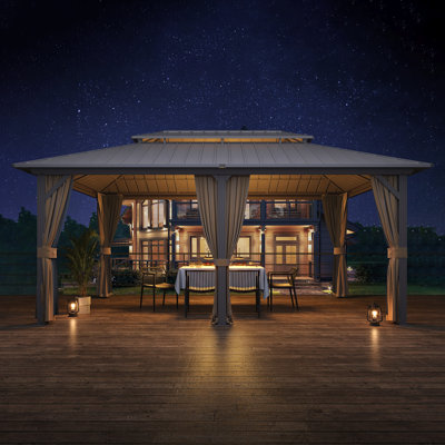 Pavillon de jardin extérieur, abri de jardin en acier robuste avec toit en métal à 2 niveaux, convient aux patios, à la pelouse et à la cour