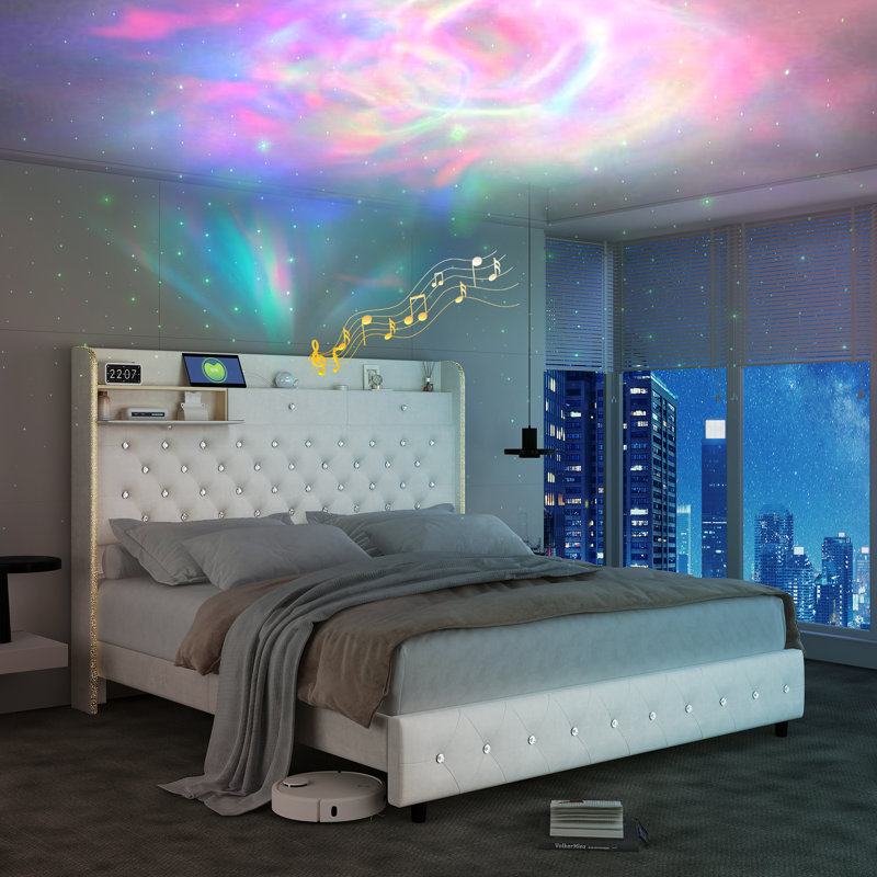 LED Bed Frame with 52" Crystal Button Tufted Upholstered Headboard, Galaxy Projector & Charging Station