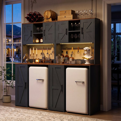 Coffee Bar Cabinet With Outlet & Led Light, Mini Fridge Cabinet With Storage