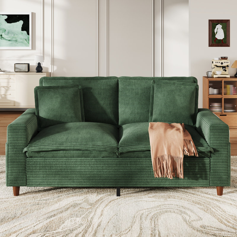 Canapé 2 places en velours côtelé, accoudoirs carrés de 150 cm, structure en bois massif avec poche de rangement pratique, style nuage, idéal pour un appartement, vert