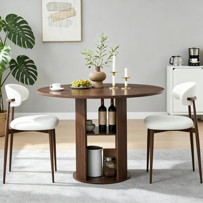 47.24" Round Dining Table (Serves 2–4) With Two Dining Chairs Blends Modern And Farmhouse Styles, Featuring A Double-Tiered Storage Shelf, Suitable For Dining Rooms Or Living Spaces.Walnut