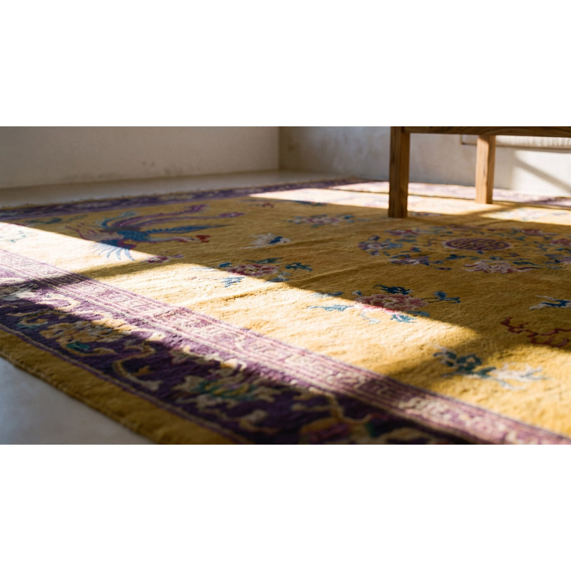 Yellow / Gold Orange Floral 1920s Hand Knotted Pile Wool Antique Rectangle Rug