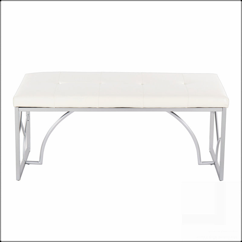 Banc contemporain en métal argenté et similicuir, Blanc