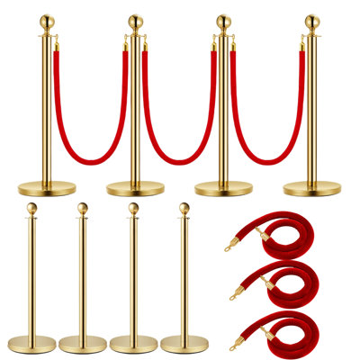4 Pack Gold Stainless Steel Stanchion With Ball Top - 5ft Red Velvet Rope Crowd Control Barrier For Wedding Party Theater Exhibition
