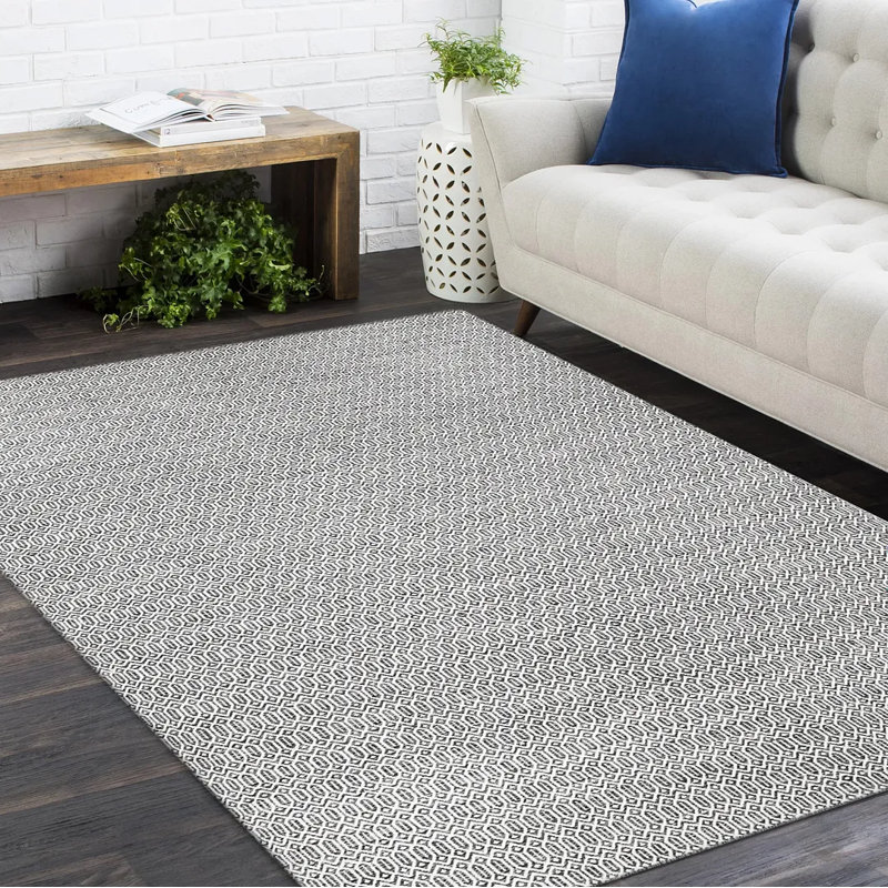 Tapis gris / blanc en coton tissé à la main Rhian, Rectangle 6 pi x 9 pi