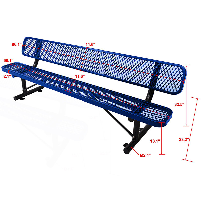 8 pi Banc d'extérieur en acier avec dossier, Bleu