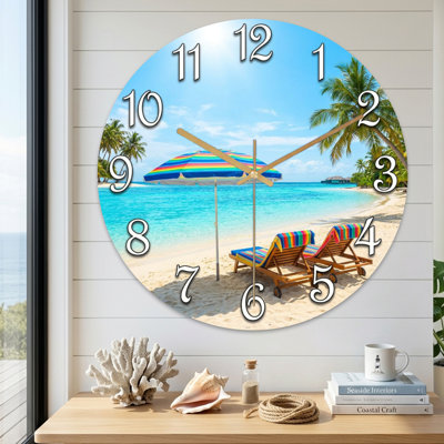 Landscape & Nature Tropical Beach Scene With Umbrella And Loungers Ultra Clear Glass Wall Clock