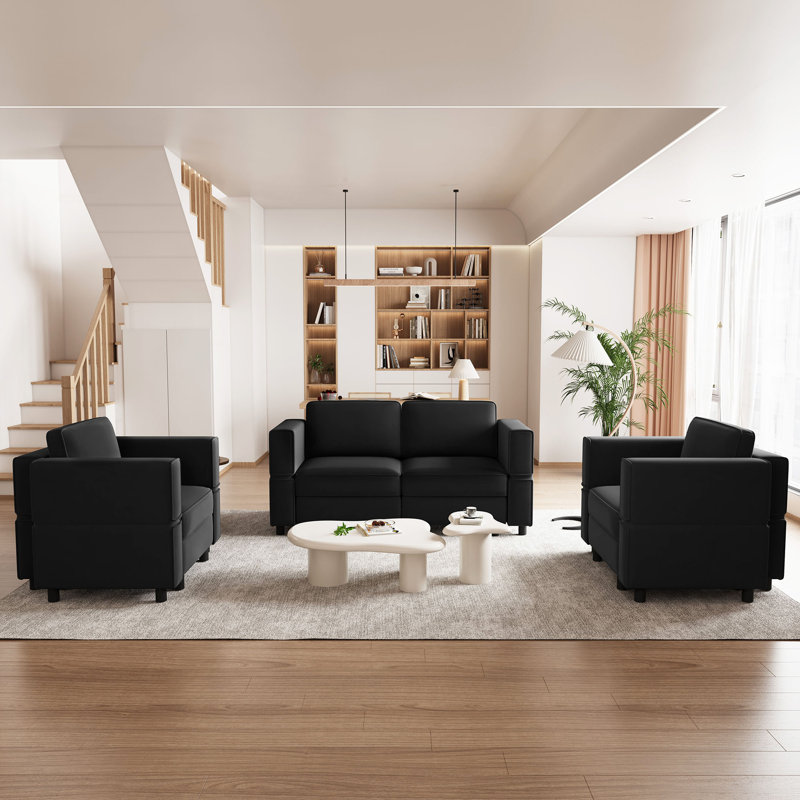 Ensemble de salon modulaire rembourré Elda, Velours noir