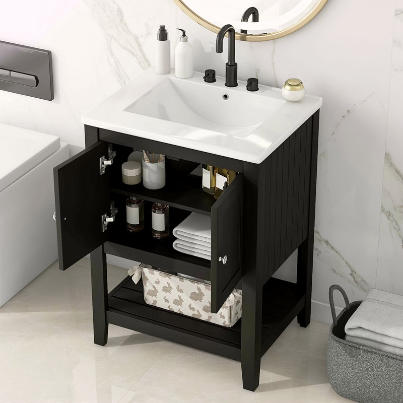 Lavabo de salle de bain moderne élégant en céramique noire 24 po avec tablette ouverte en bois massif, Noir / argenté