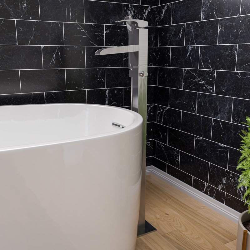 Robinet de baignoire autoportable à fixation au plancher à poignée simple avec douche à main, Nickel brossé