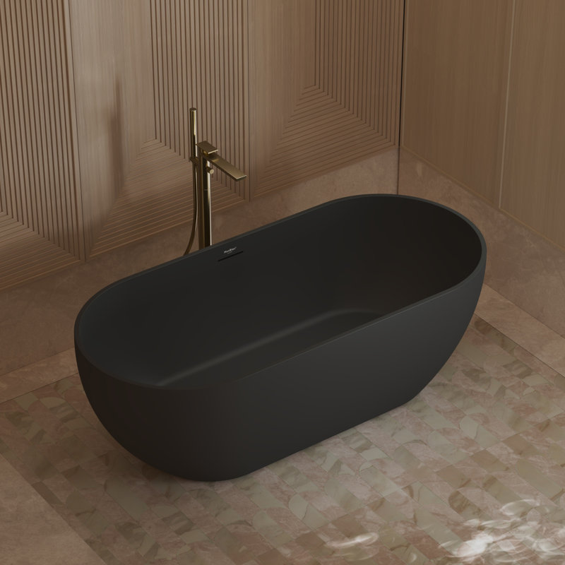 Baignoire autoportante MonBlari 68" x 31" en acrylique noir avec trop-plein et bonde rétractable pour salle de bain, Noir mat